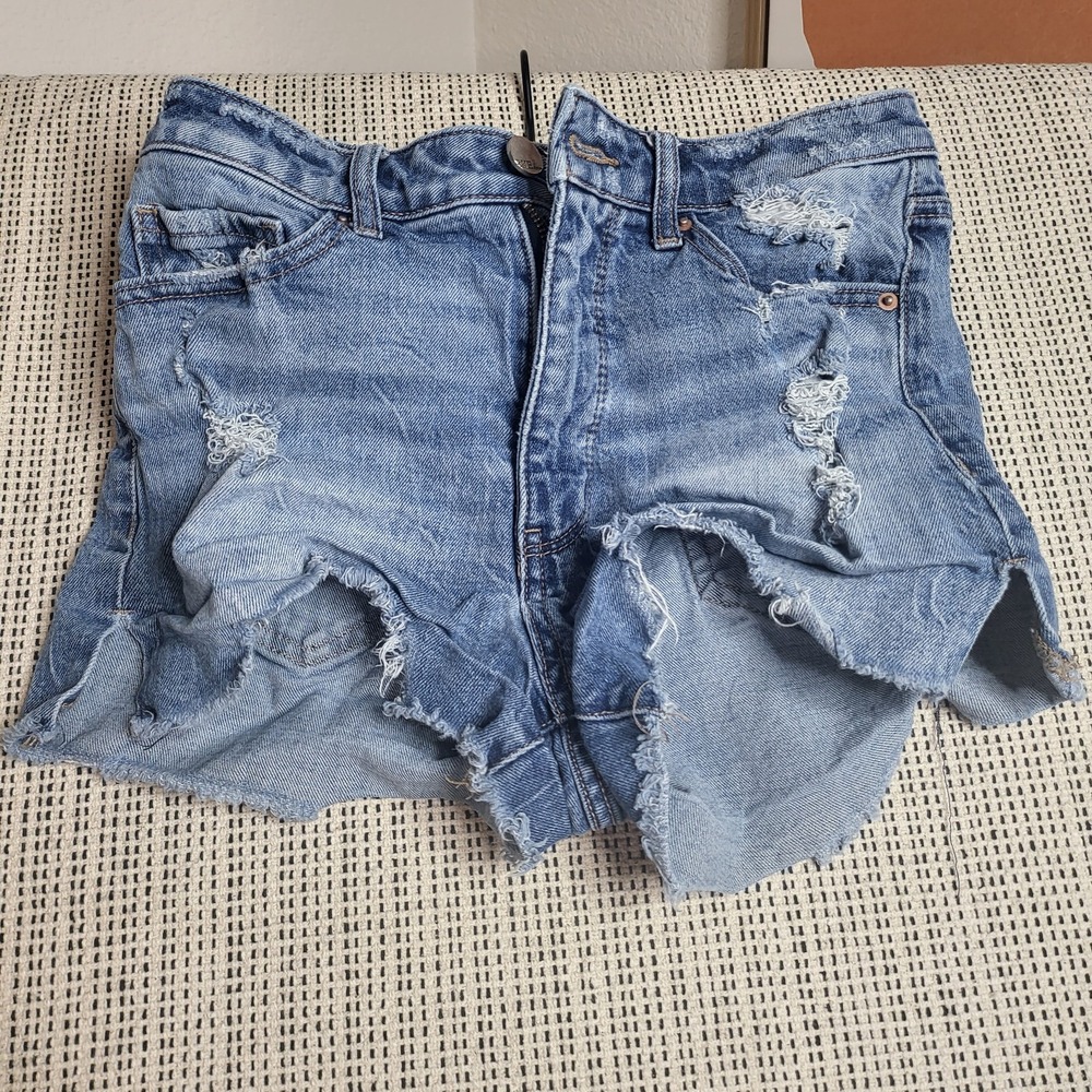 BKE Billie Shorts Womens 25 Blue Distressed Denim High Rise Frayed Hem Summer